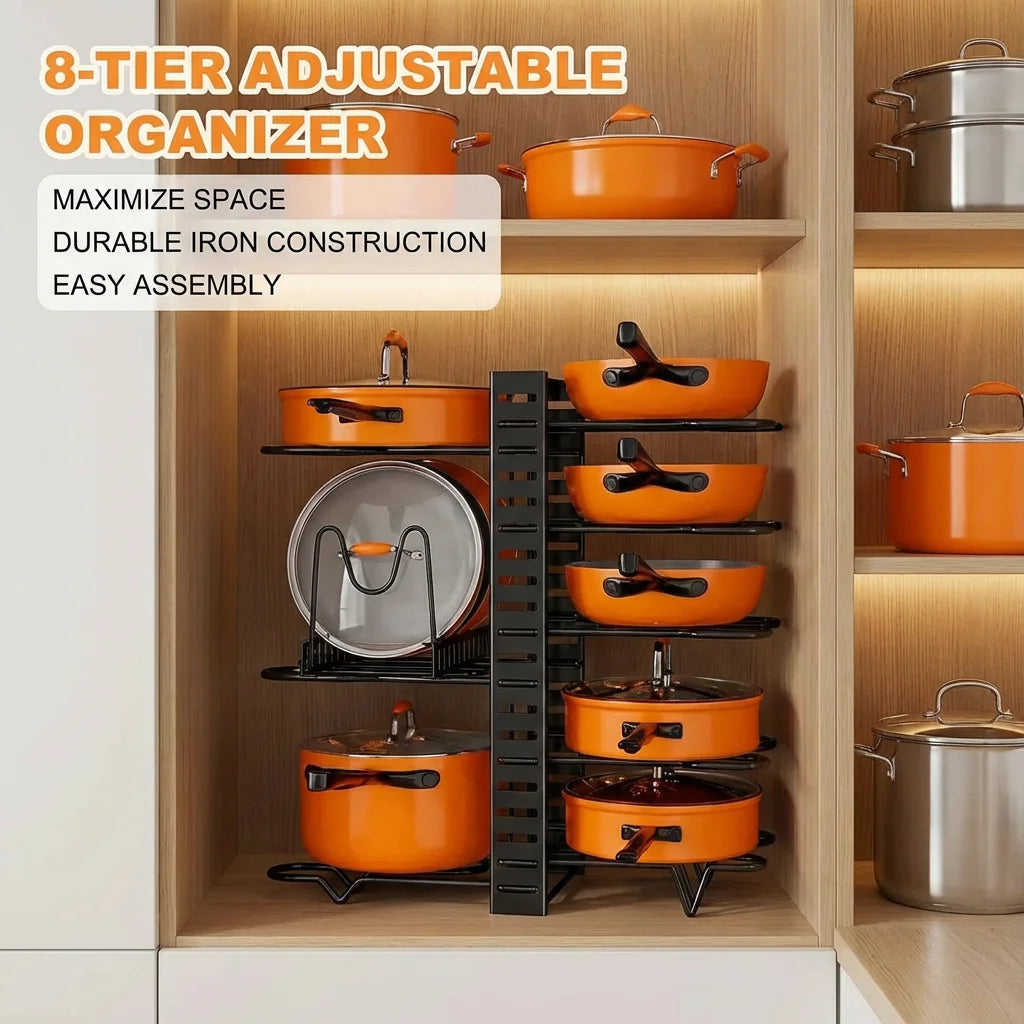 Space-Saving 8-Tier Pot Rack Organizer - Durable Metal Holder for Pans, Pots, and Lids to Keep Your Kitchen Neat and Tidy