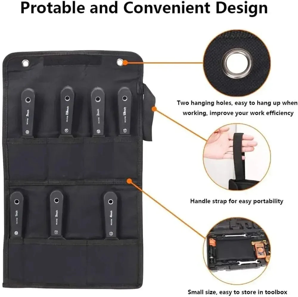 7 Piece Carbon Steel Putty Knife Set Soft Grip Flexible Paint Scraper Drywall Hand Tools With Canvas Storage Bag